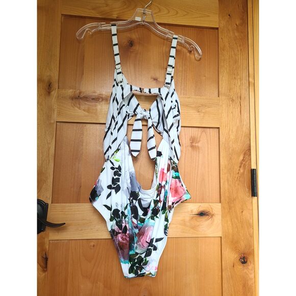 ModCloth 1X One Piece Swimsuit Bathing Suit Floral Tie Front Striped Resort XL - Picture 5 of 5